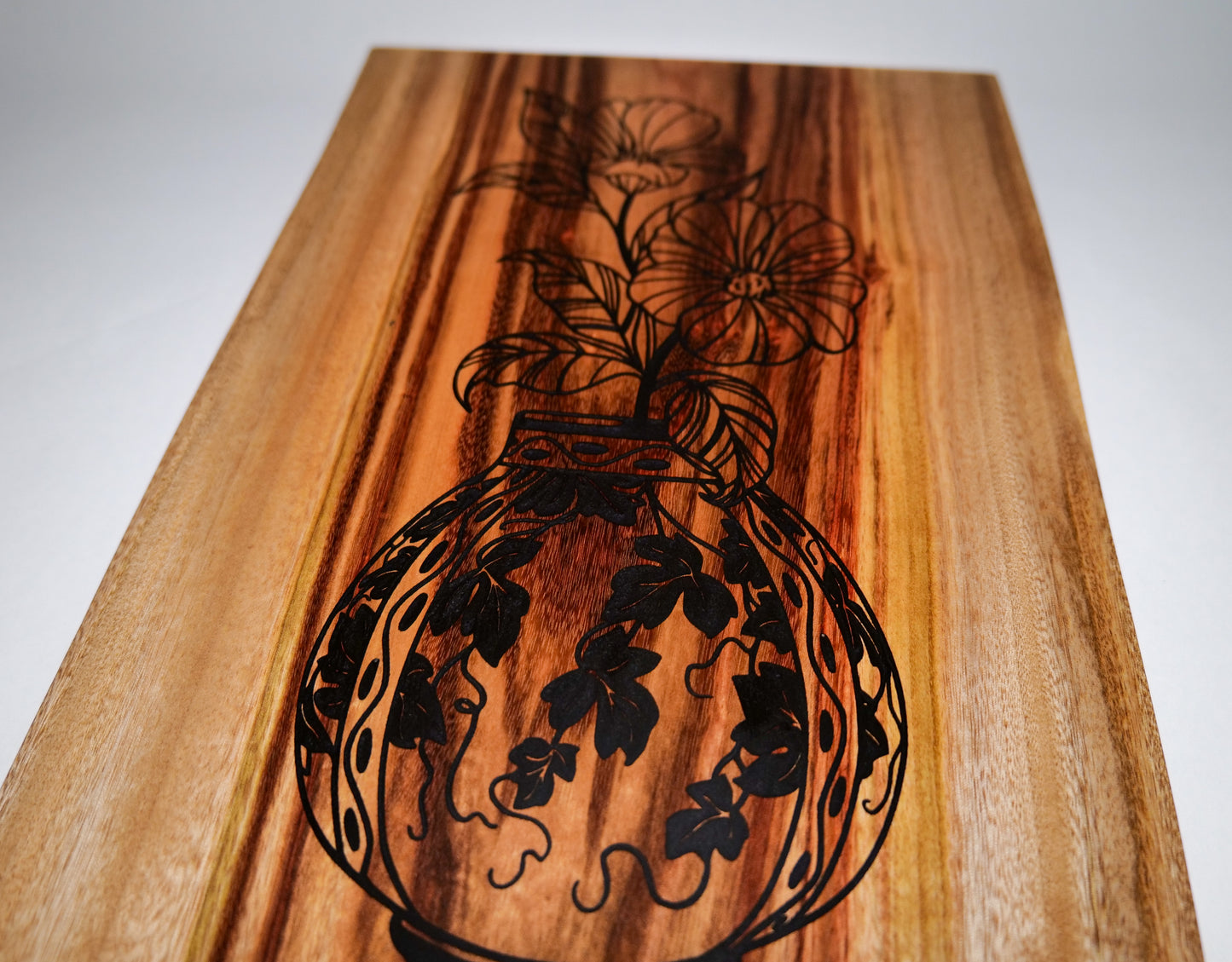 flowering vase, Engraved Camphor Laurel Board