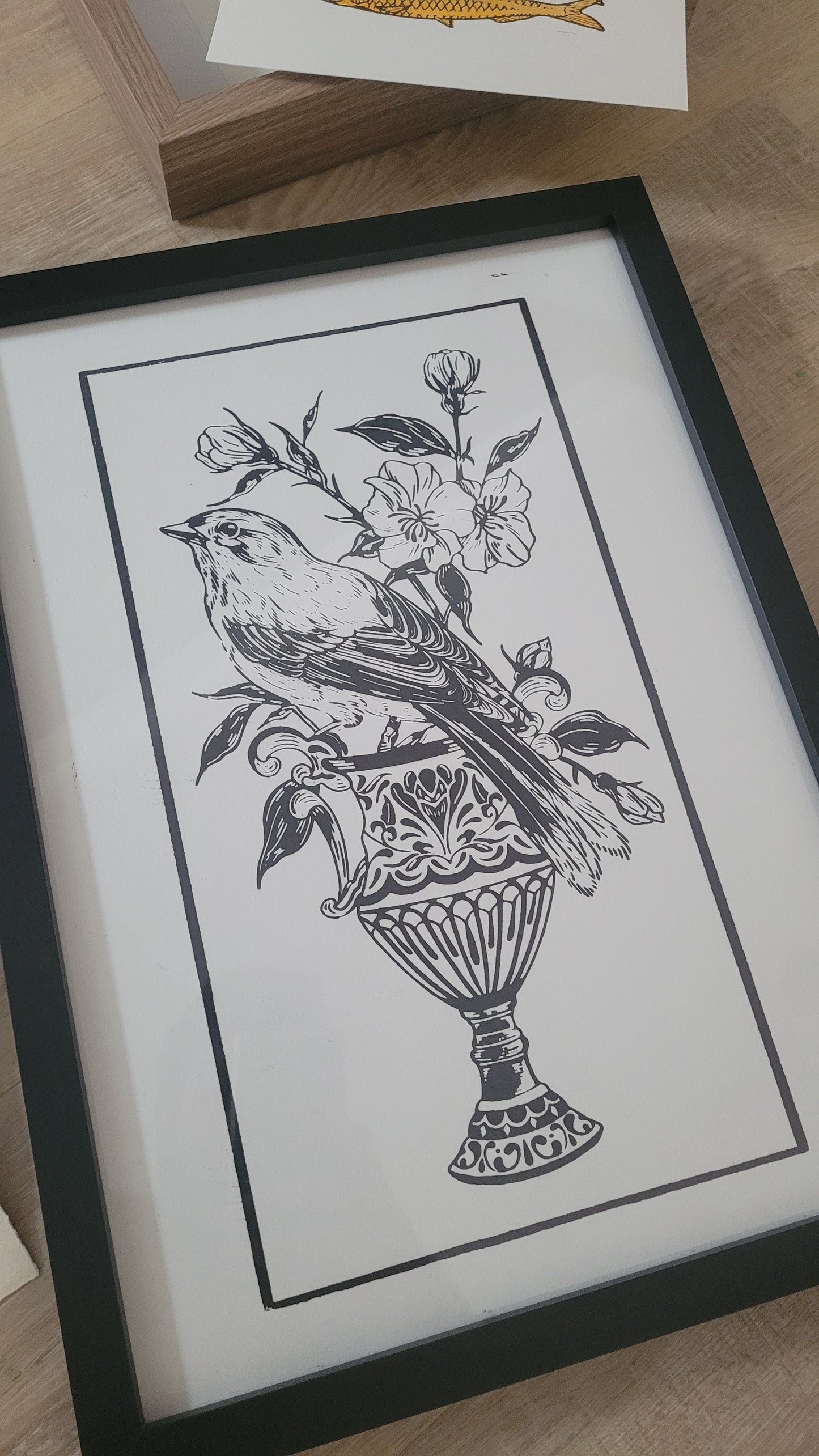 Vintage Bird & Floral lino Print