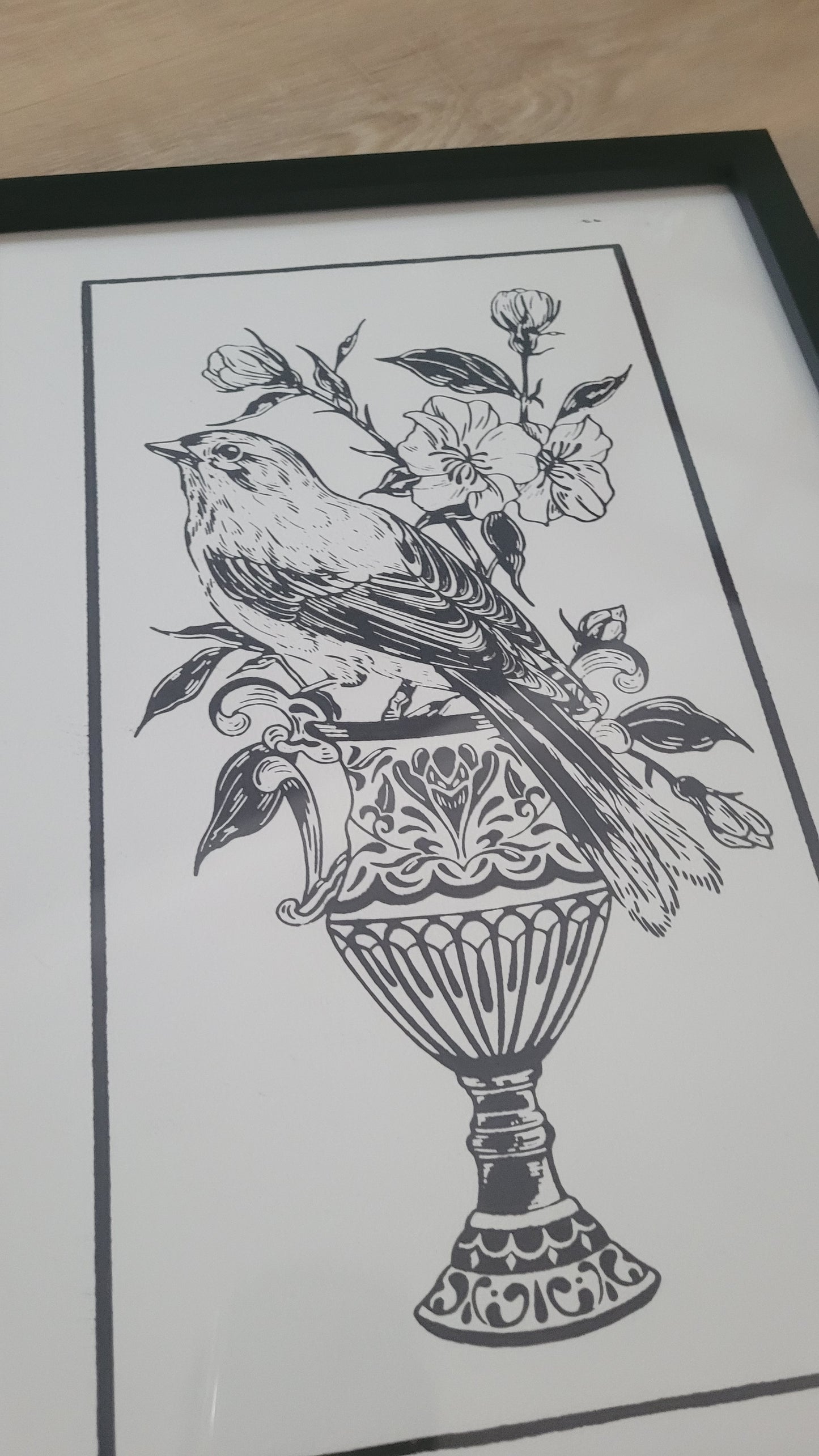 Vintage Bird & Floral lino Print