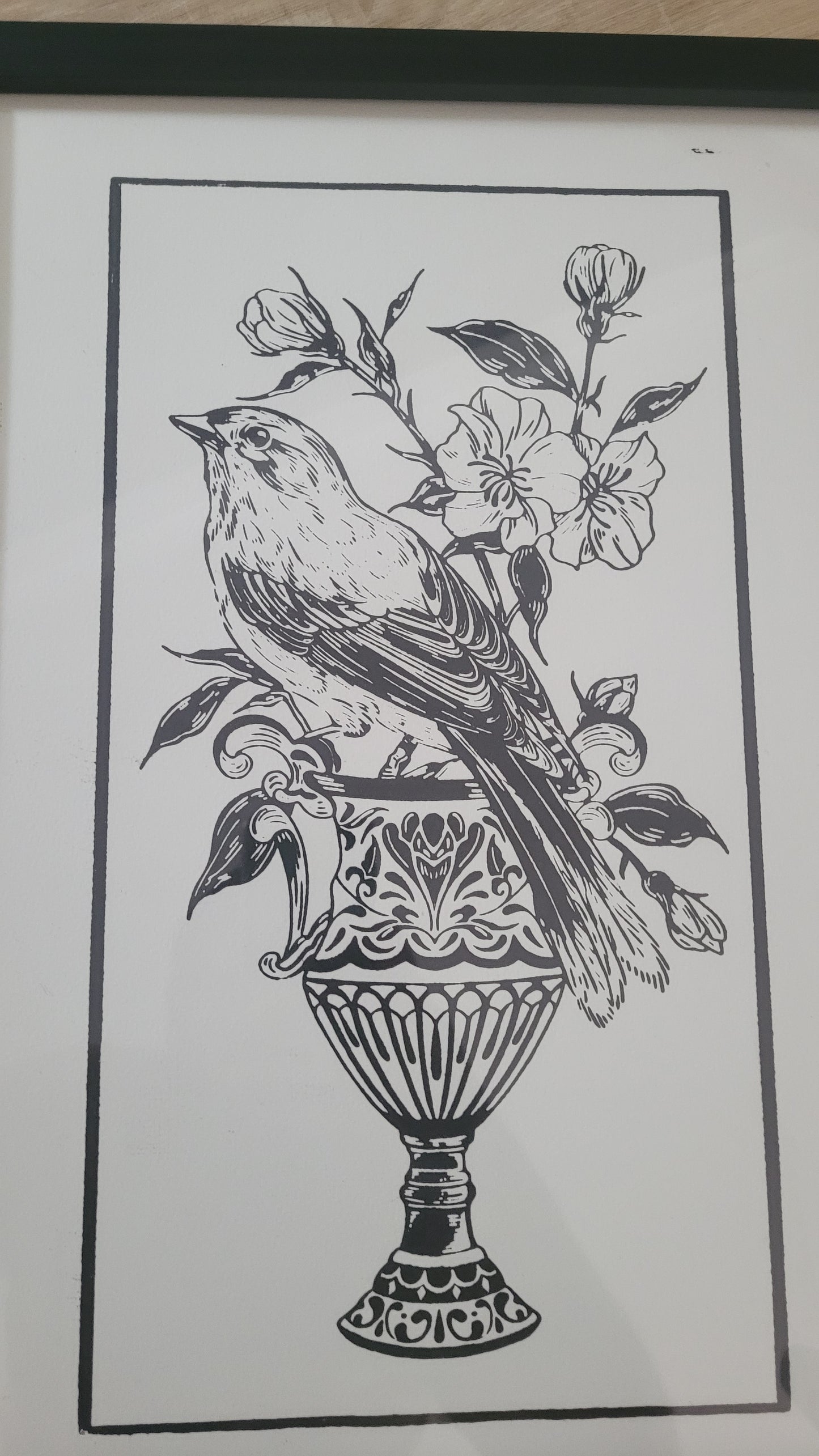 Vintage Bird & Floral lino Print
