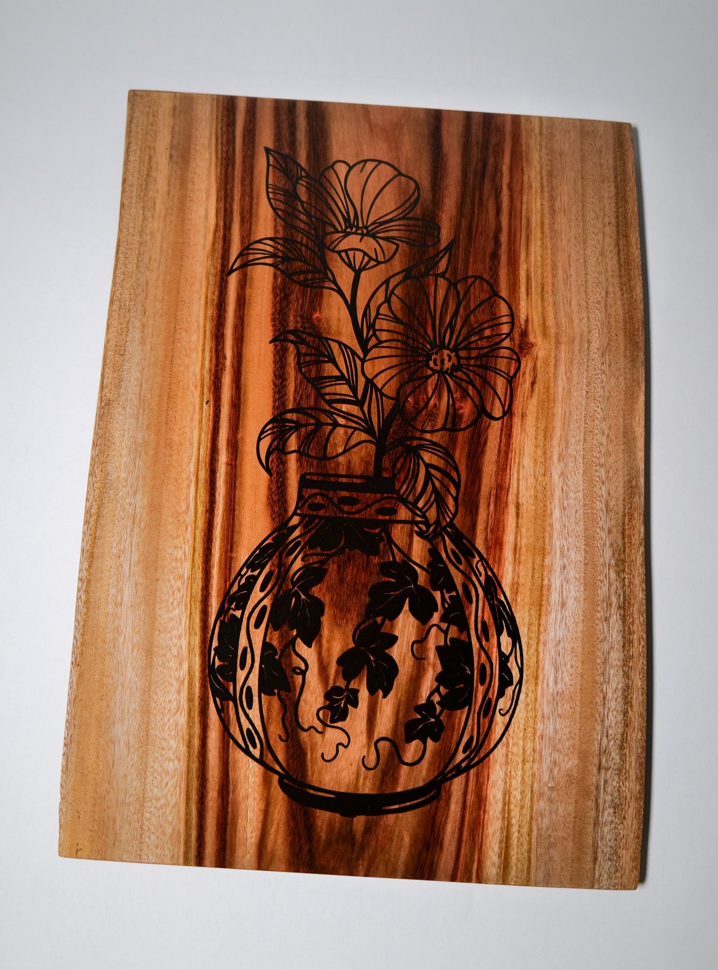 flowering vase, Engraved Camphor Laurel Board