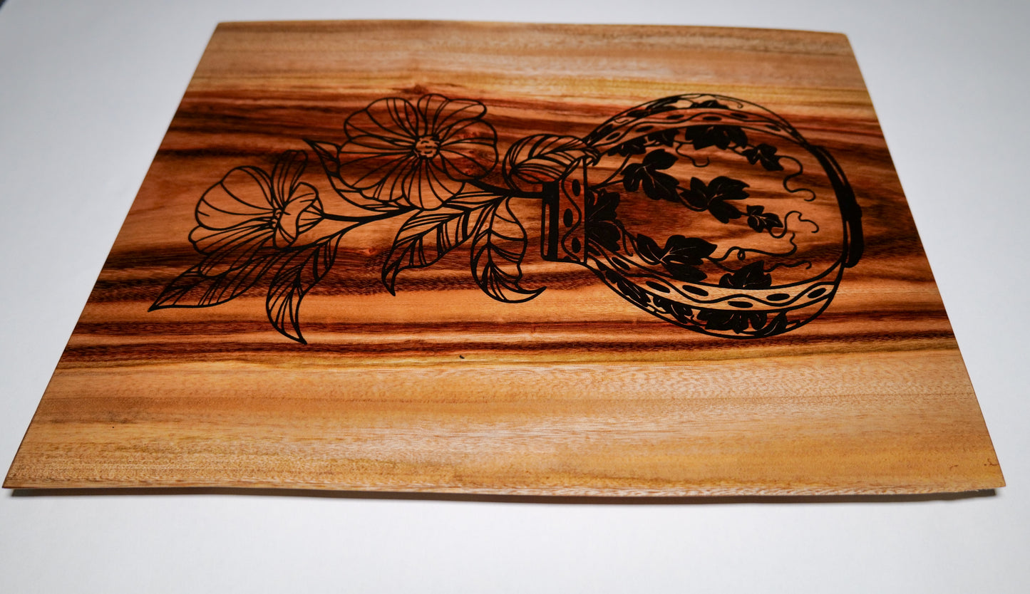 flowering vase, Engraved Camphor Laurel Board