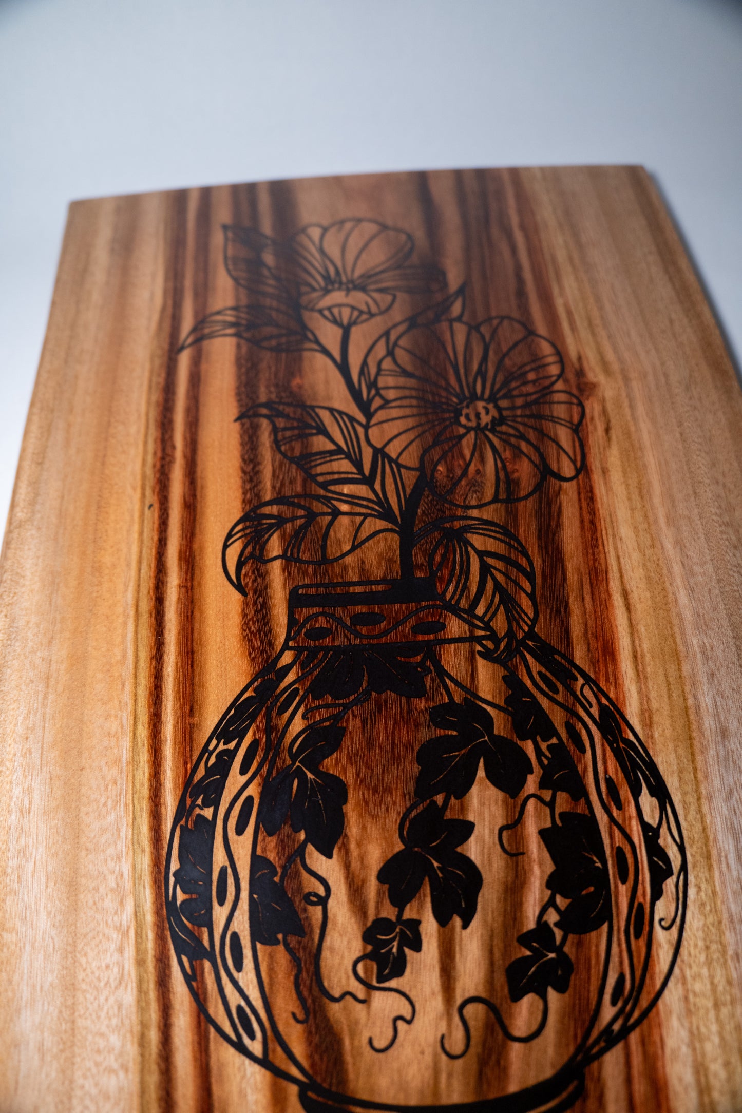 flowering vase, Engraved Camphor Laurel Board