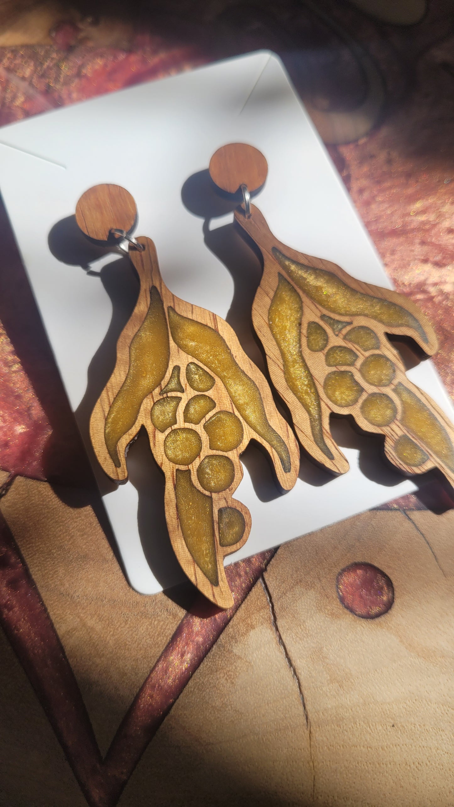 Native Australian golden wattle earrings - recycled hardwood and resin